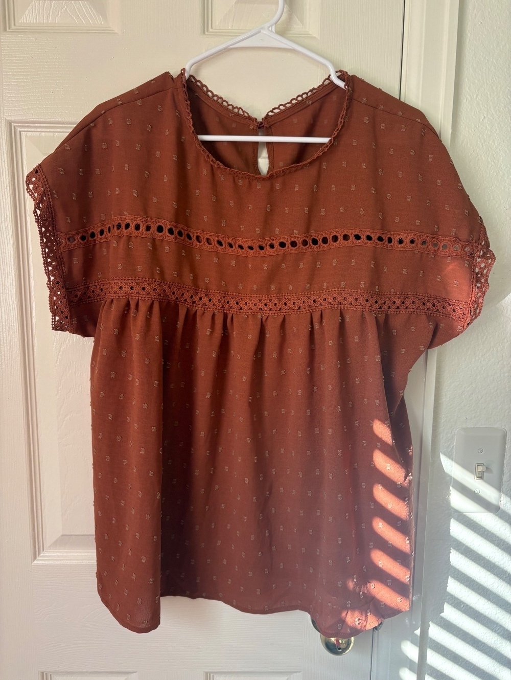 Shein Women's Brown Eyelet Lace Trim Blouse Size M